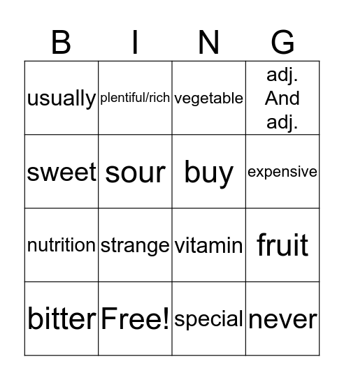 水果和蔬菜（英文） Bingo Card
