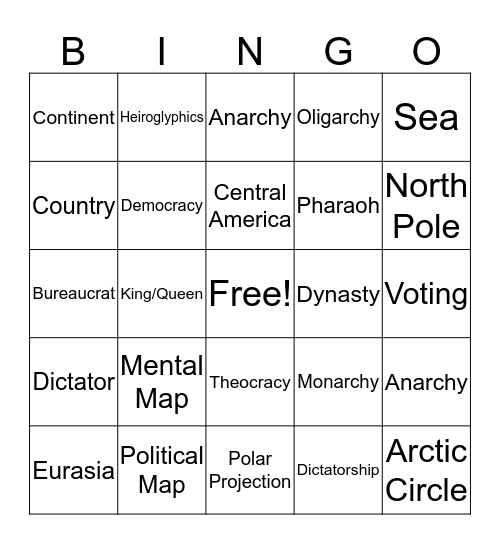Geography and Review Vocabulary List Bingo Card