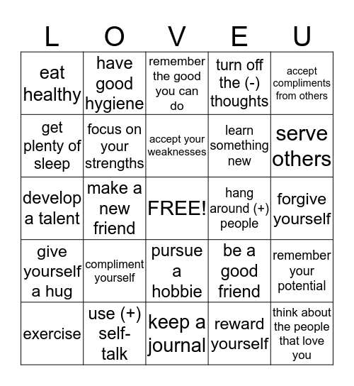 Self-Esteem Bingo Card