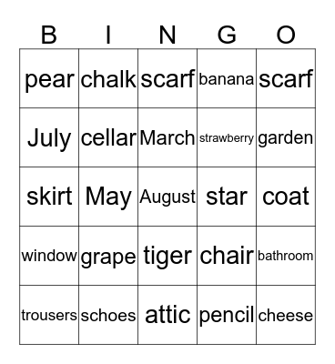 English words Bingo Card