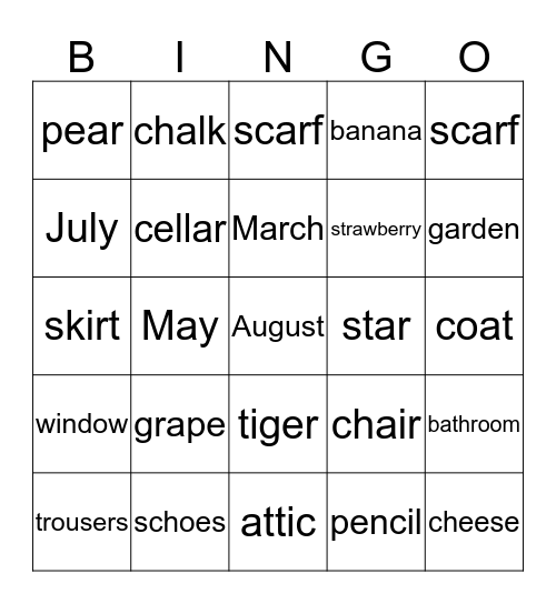 English words Bingo Card