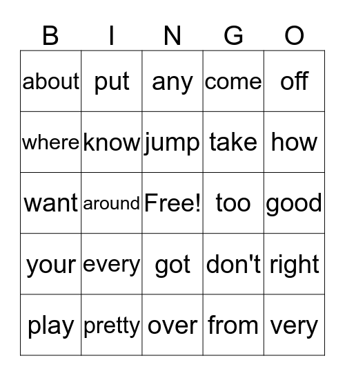 List 5 Sight Word Bingo  Bingo Card
