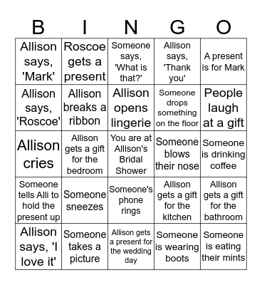 Allison's Bridal Shower Bingo Card