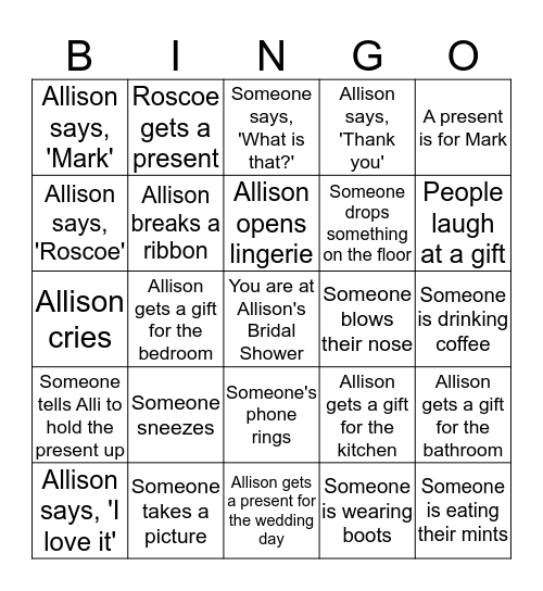 Allison's Bridal Shower Bingo Card