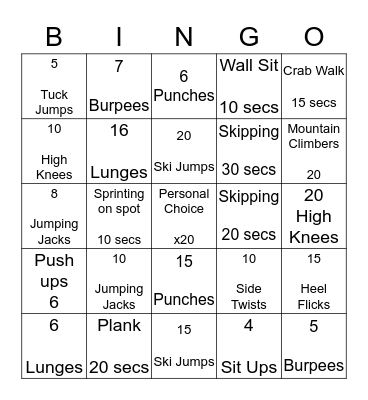 Fitness Bingo Card