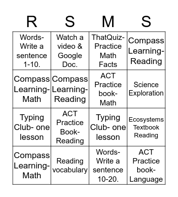 March 20-24 Literacy Stations Bingo Card