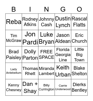 Counrty Music Artist Bingo Card