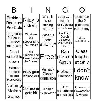 Projectile Motionn Bingo Card