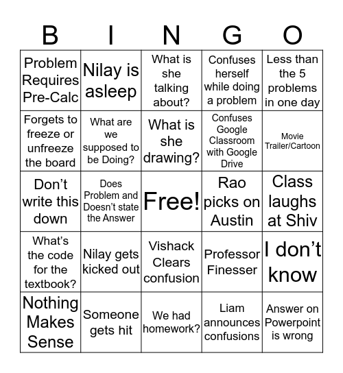 Projectile Motionn Bingo Card