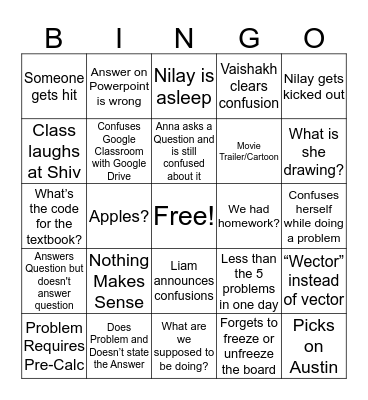 Projectile Motionn Bingo Card
