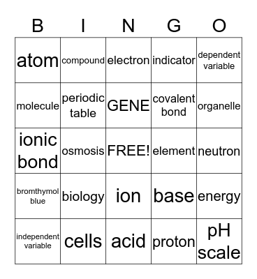 Science Review Terms Bingo Card