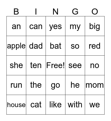Sight Word Bingo Card