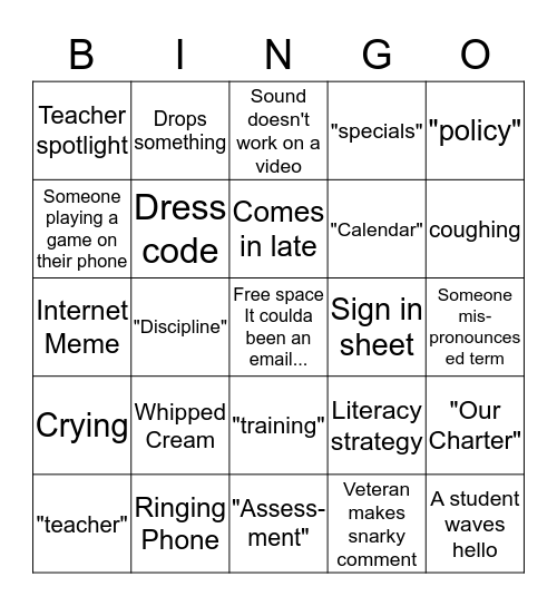 Staff Meeting Bingo Card