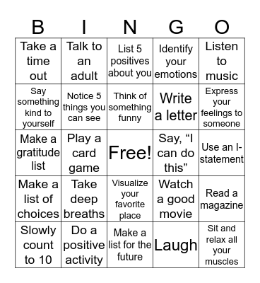 Coping Skils Bingo Card