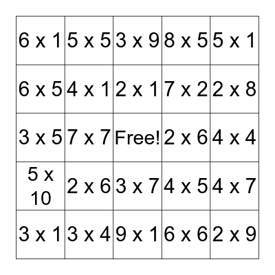 Multiplication Bingo Card