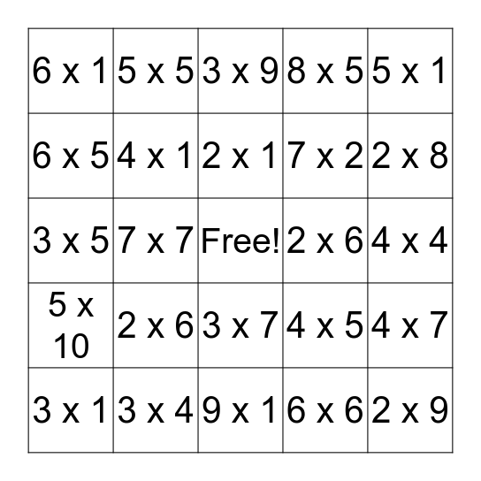 Multiplication Bingo Card