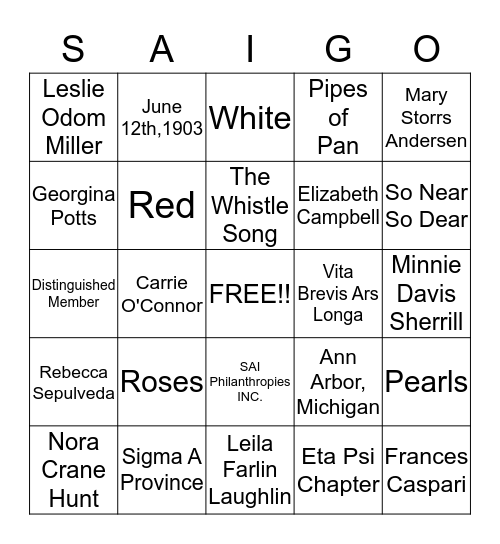 Sigma Alpha Iota Bingo Card