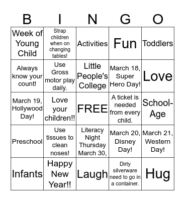 Little People's College Bingo Card