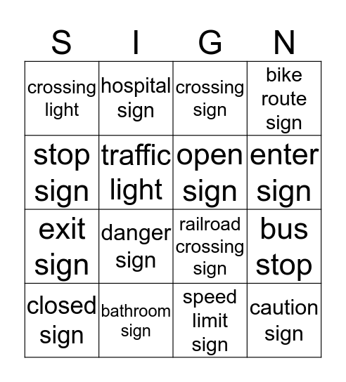 Signs and Safety Bingo Card