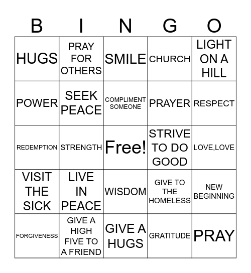 Acts of  Peace and Kindness Bingo Card