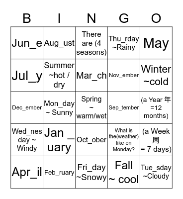 Unit 6~8  Bingo Card