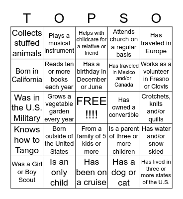 Getting to Know You Bingo Card