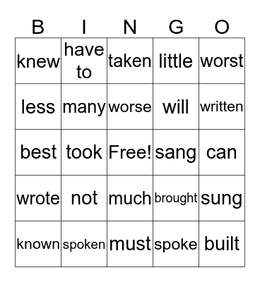 English Bingo Card