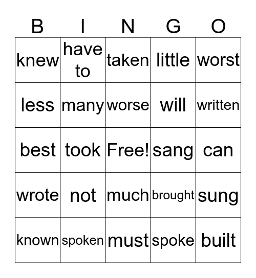 English Bingo Card