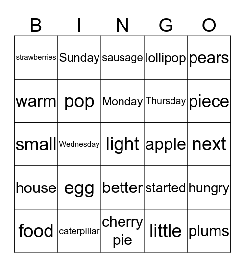 The Very Hungry Caterpillar Bingo Card