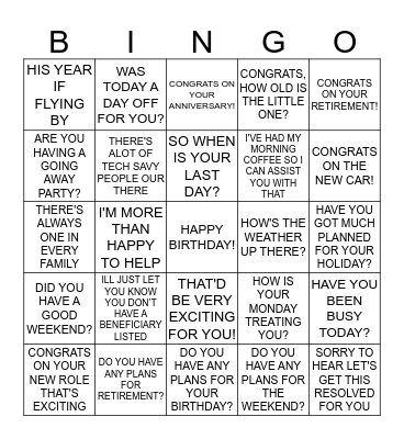 CUSTOMER CONNECTIONS BINGO Card