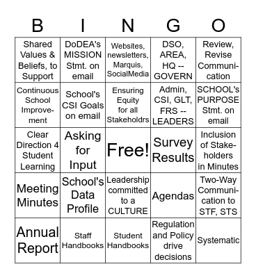 AdvancED Standard 1 Bingo Card