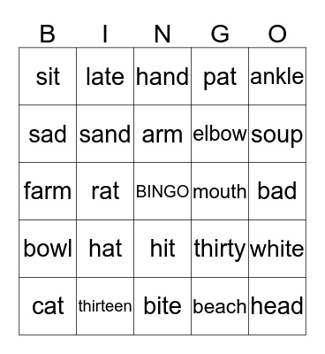 Word Pattern Bingo Card