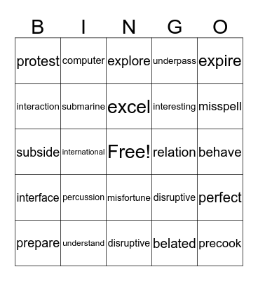 Prefix Words Bingo Card