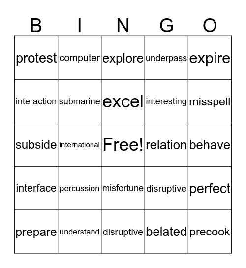 Prefix Words Bingo Card