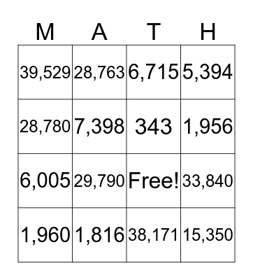 Multiplication Bingo Card