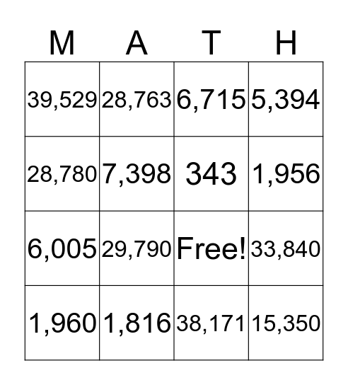 Multiplication Bingo Card