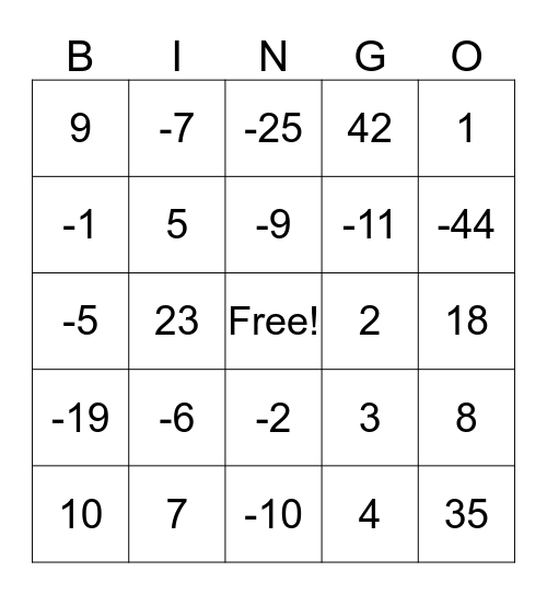 Integer Bingo Card