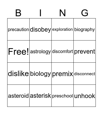 Prefix and Suffix Synonyms  Bingo Card