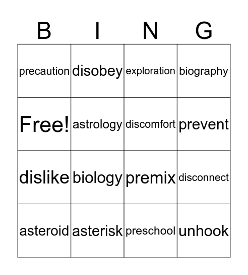 Prefix and Suffix Synonyms  Bingo Card