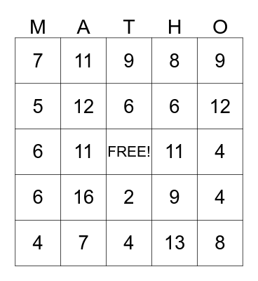 Addition Math-O Bingo Card