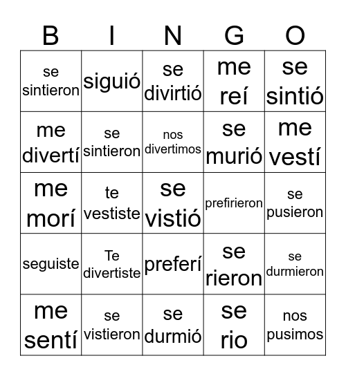 Verbos con cambio Bingo Card