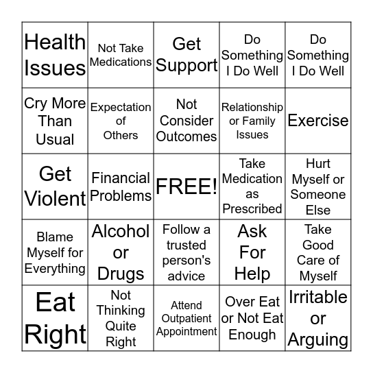 Coping Skills Bingo Card