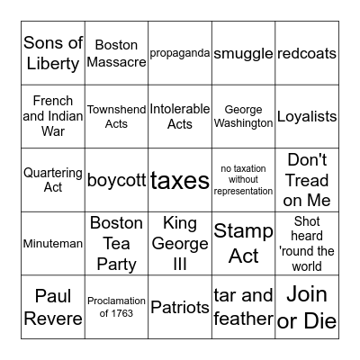 Road to the American Revolution Bingo Card