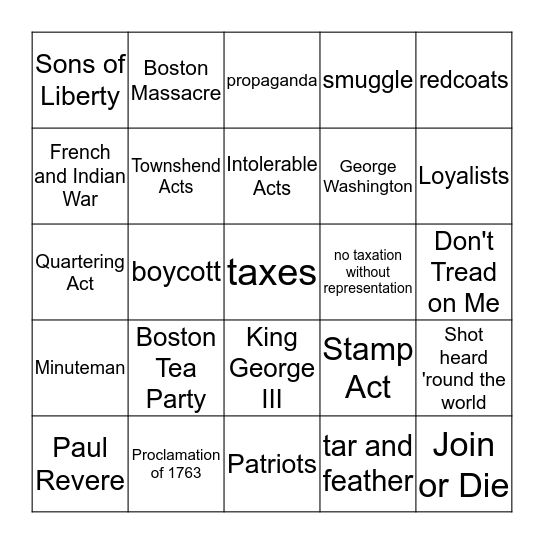 Road to the American Revolution Bingo Card