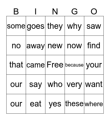 Aiden's Sight Words Bingo Card