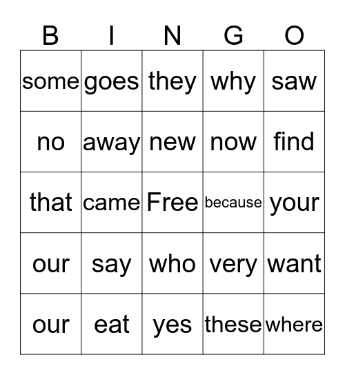 Aiden's Sight Words Bingo Card
