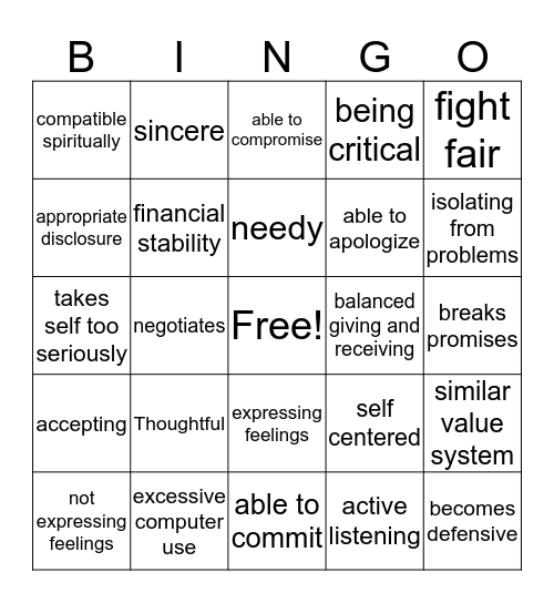 Healthy Relationships Bingo Card