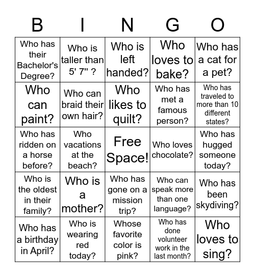 Find a Friend Bingo Card