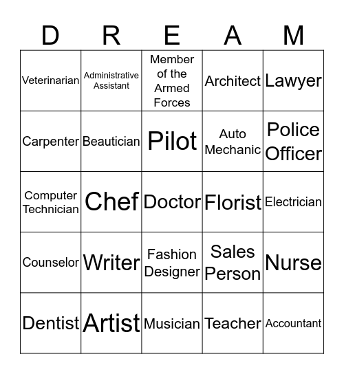 Dream Big Bingo Card