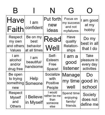 Self-Esteem Bingo Card